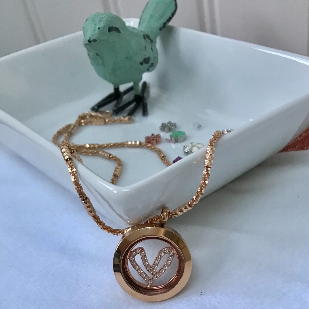 Origami Owl Rose Gold Locket Necklace with Charms